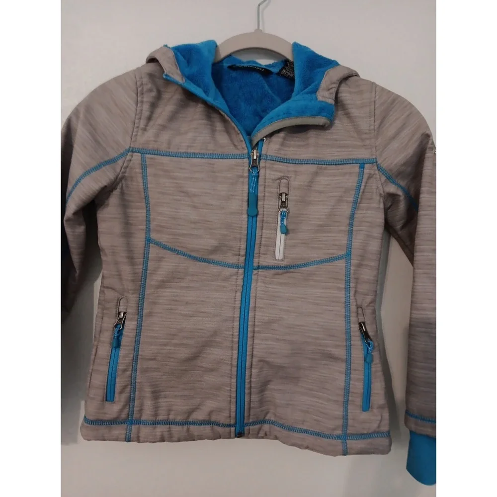Snowzu Girl's Sz. 7/8 Soft Shelled Lined Jacket w/Hood  Lighter Weight Gray/Teal